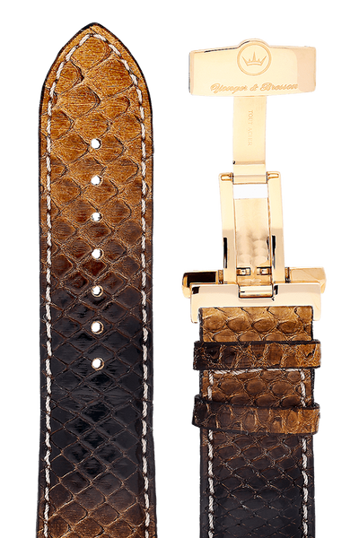 Bracelet De Montre Vintage YONGER & BRESSON En Cuir De Lézard Véritable - Largeur 12 Mm, Deux Pièces, Marron/rouge - Fabriqué En France